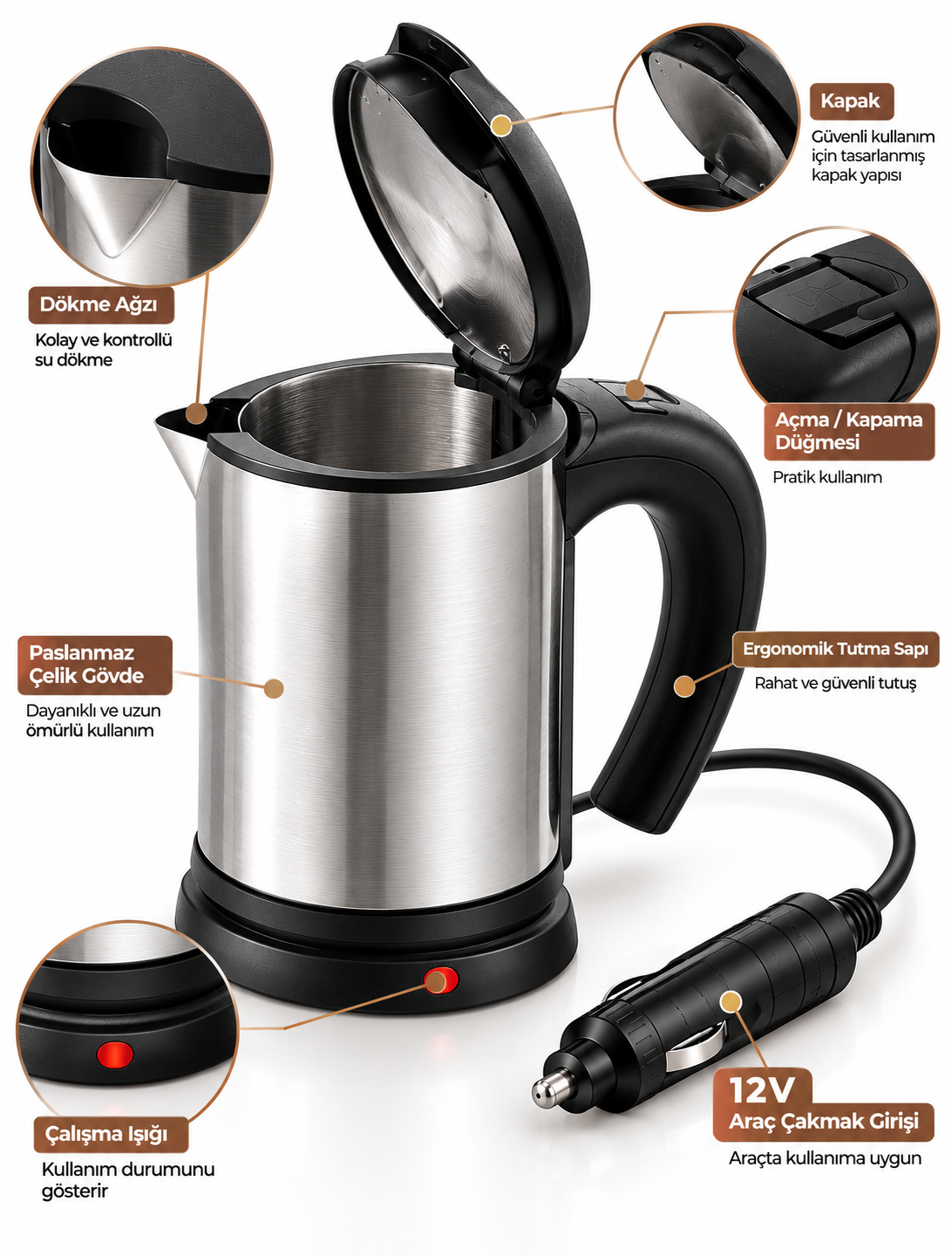 12V Araç Çakmak Girişli Paslanmaz Çelik Araç İçi Su Isıtıcı Seyahat Tipi Pratik Kettle