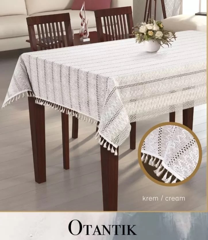 150x260 cm Otantik Krem Pamuklu Masa Örtüsü Şık Yemek Masası Dekoru