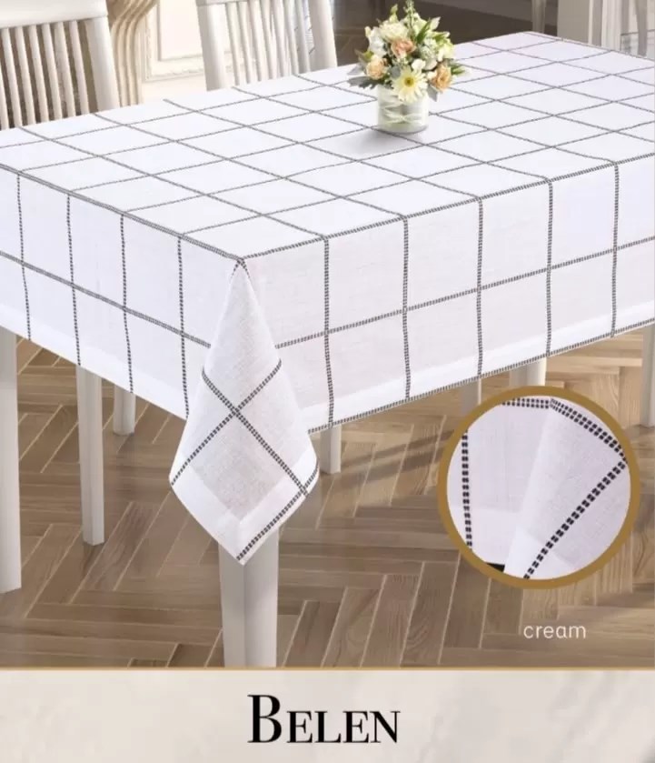 155x220 cm Belen Model Krem Keten Masa Örtüsü Şık Yemek Masası Salon Dekoru