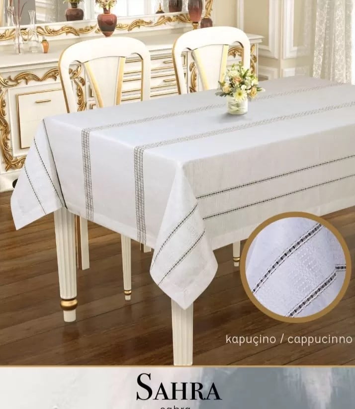 160x260 cm Sahra Kapiçino Polyester Ajurlu Keten Dantelli Modern Masa Tasarımı