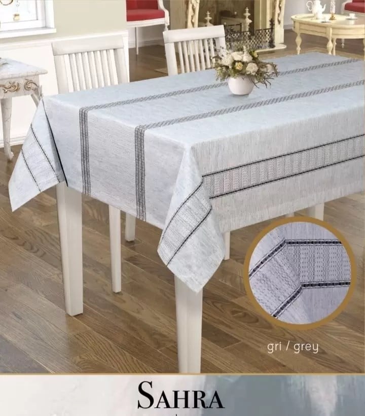 160x260 cm Sahra Model Gri Polyester Ajurlu Keten Masa Örtüsü Tablecloth Dantelli Yemek Masası