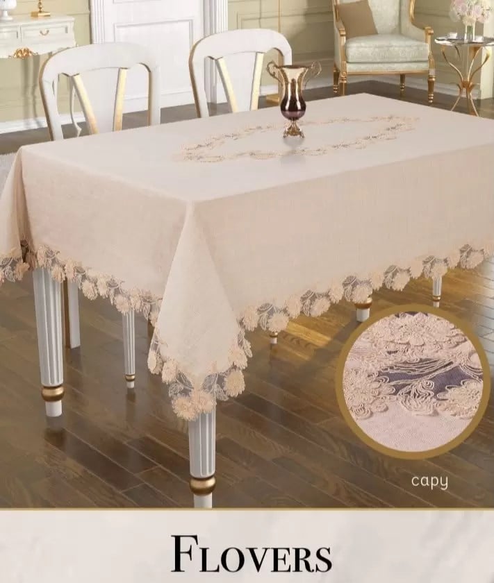 160x260cm Keten Flowers Model Kapiçino 3D İşlemeli Dantelli Dekoratif Örtü
