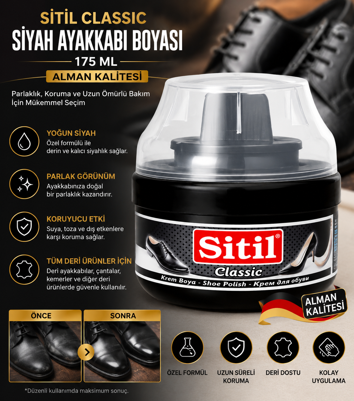 175 ML Siyah Ayakkabı Boyası Sünger Başlıklı Parlatıcı Krem | Deri Ayakkabı Bakım ve Koruyucu Bakım Kremi