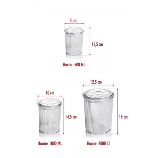 18'li Barok Yuvarlak 3 Boy Kavanoz Seti & Saklama Kabı & Erzak Kabı (6*2000 ML, 6*1000 ML ,6*500 ML)