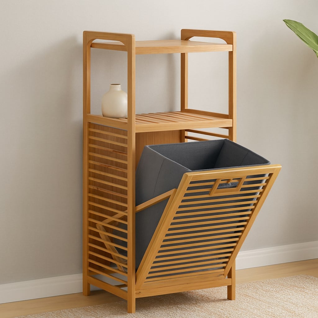 2 Katlı Bambu Çamaşır Sepeti Önden Çek-Aç Organizer 40x35x95 cm