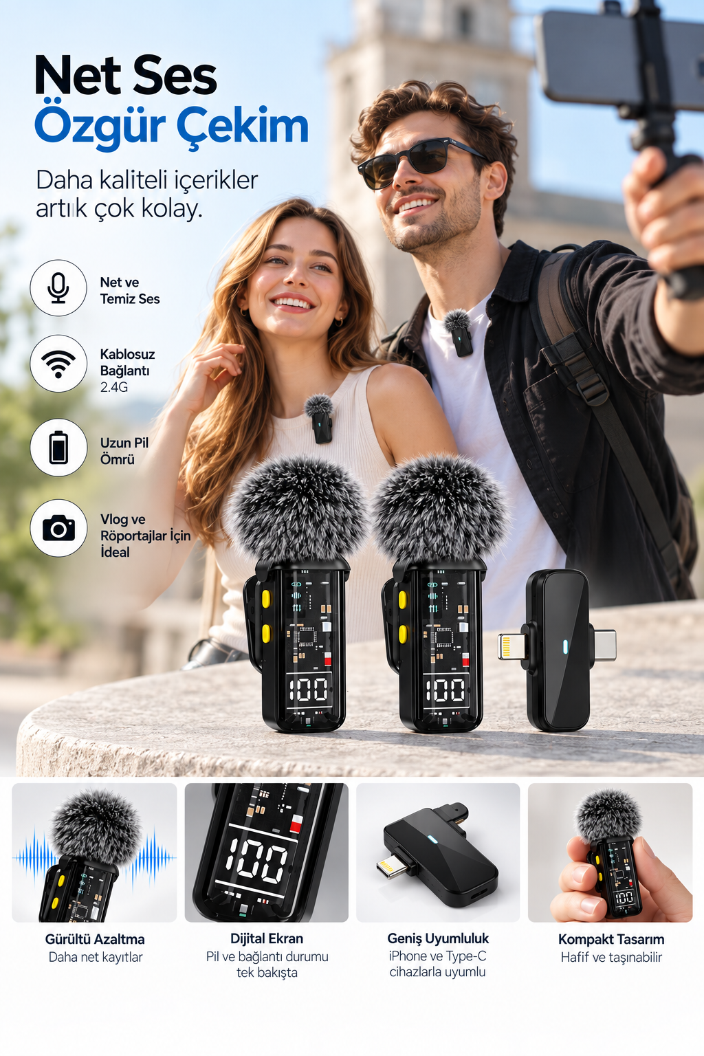 2.4G Kablosuz Çift Mikrofonlu Yaka Mikrofonu İçerik Üretim Seti