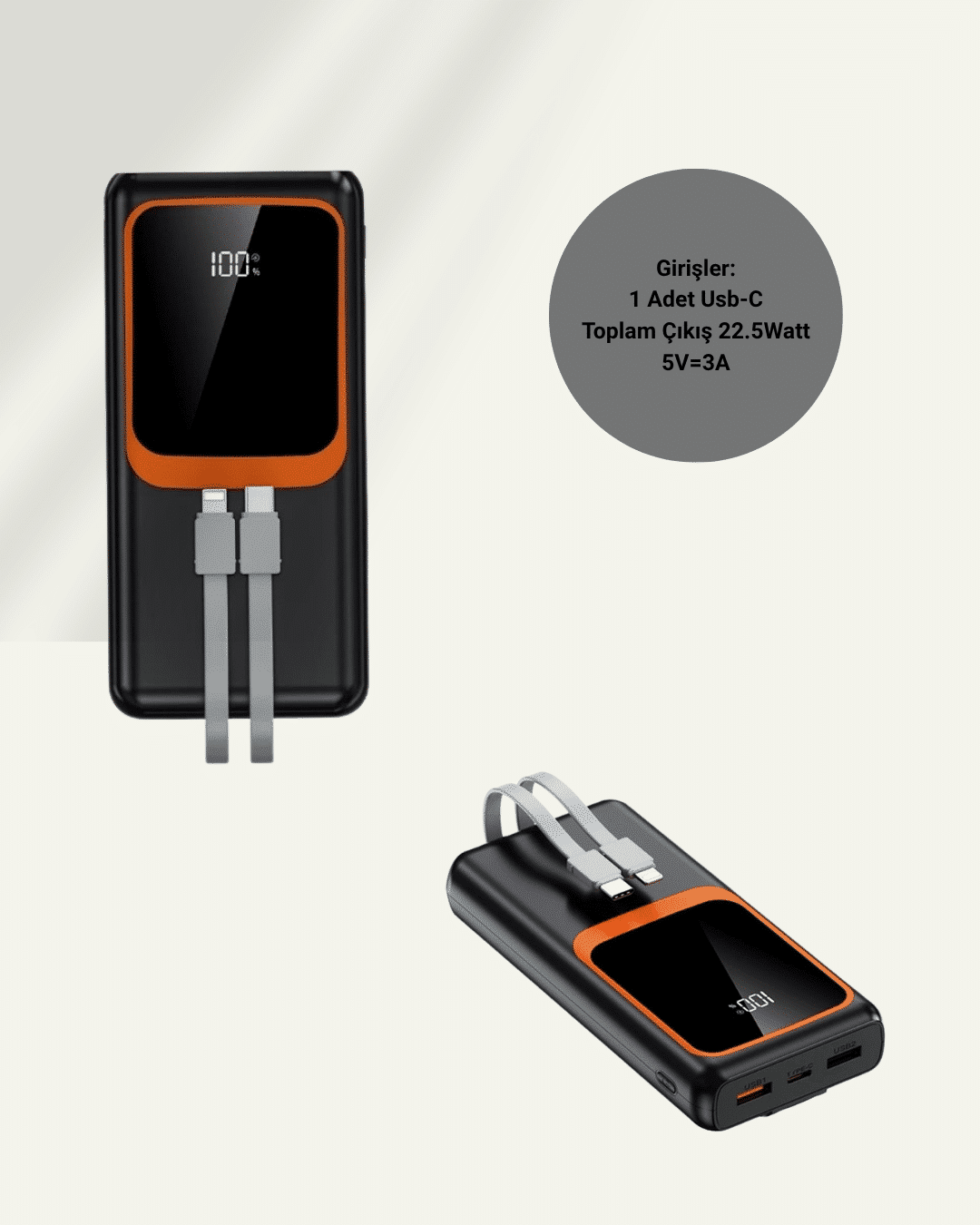 20.000 mAh Powerbank – 22.5W Hızlı Şarj, Çok Kablolu, Dijital Göstergeli