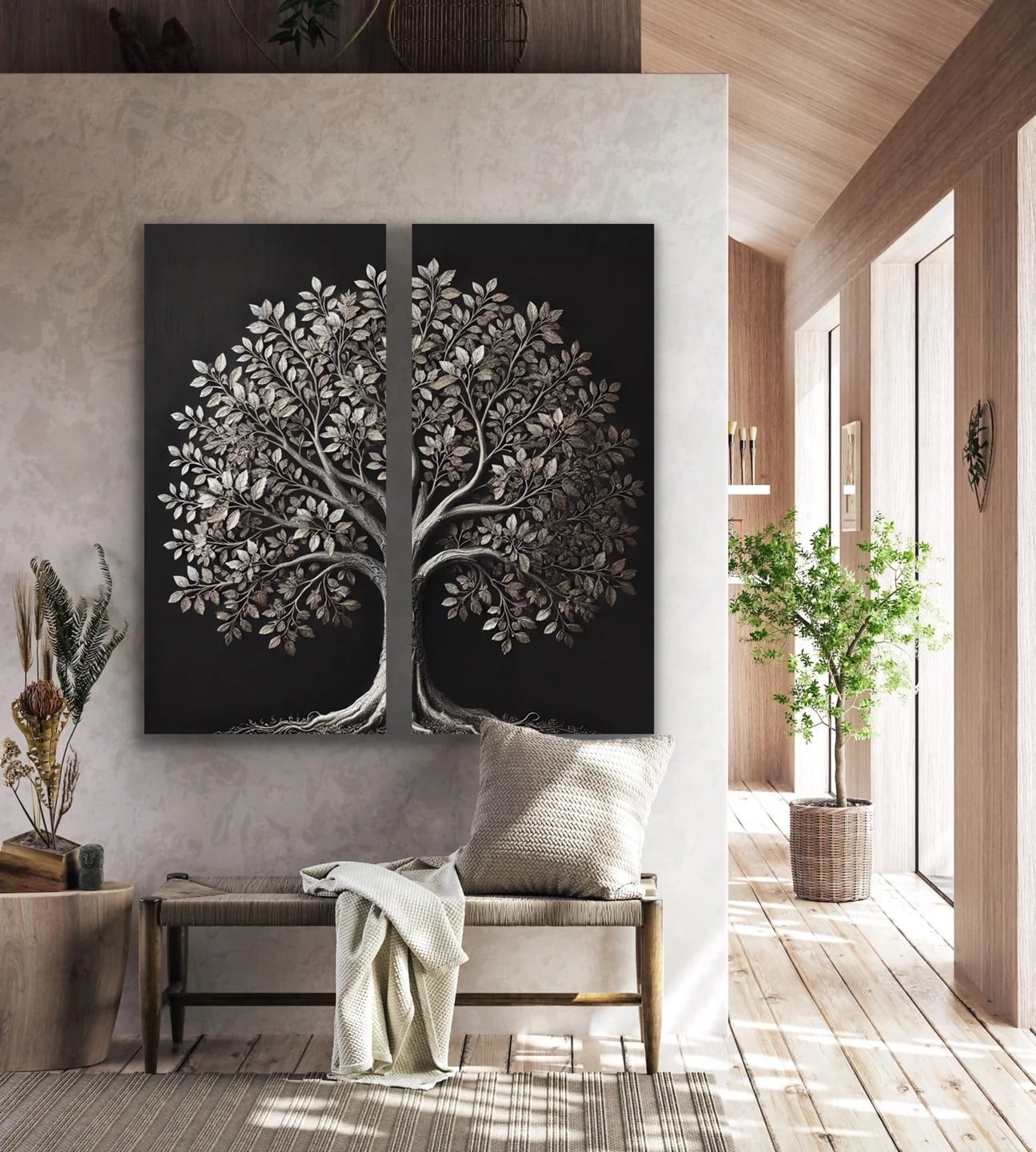 2li Eskitme Krom Ağaç Kanvas Tablo 60x120cm x2