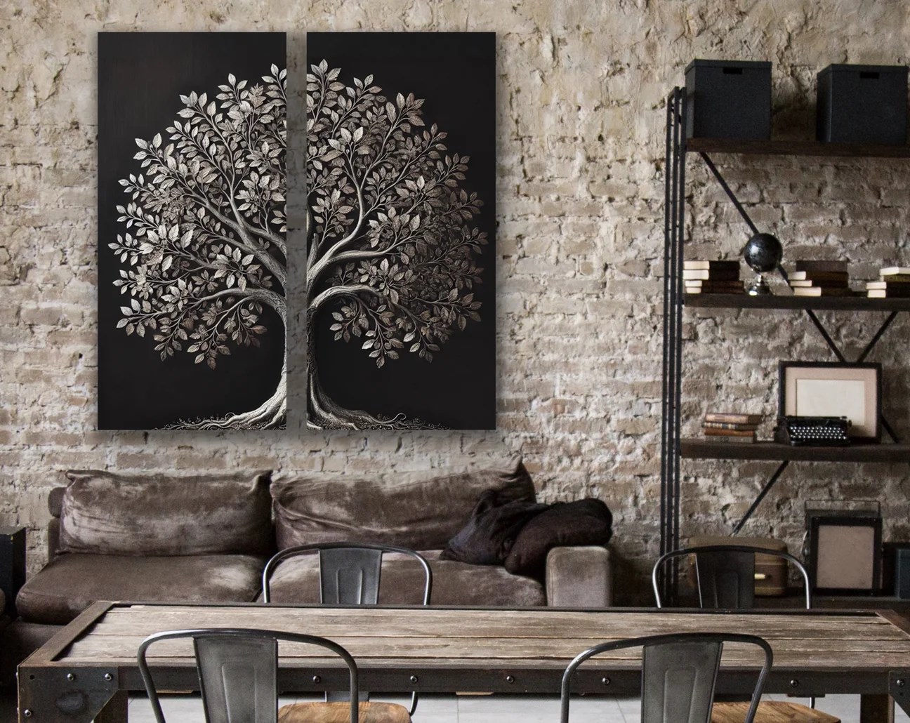 2li Eskitme Krom Ağaç Kanvas Tablo 60x120cm x2