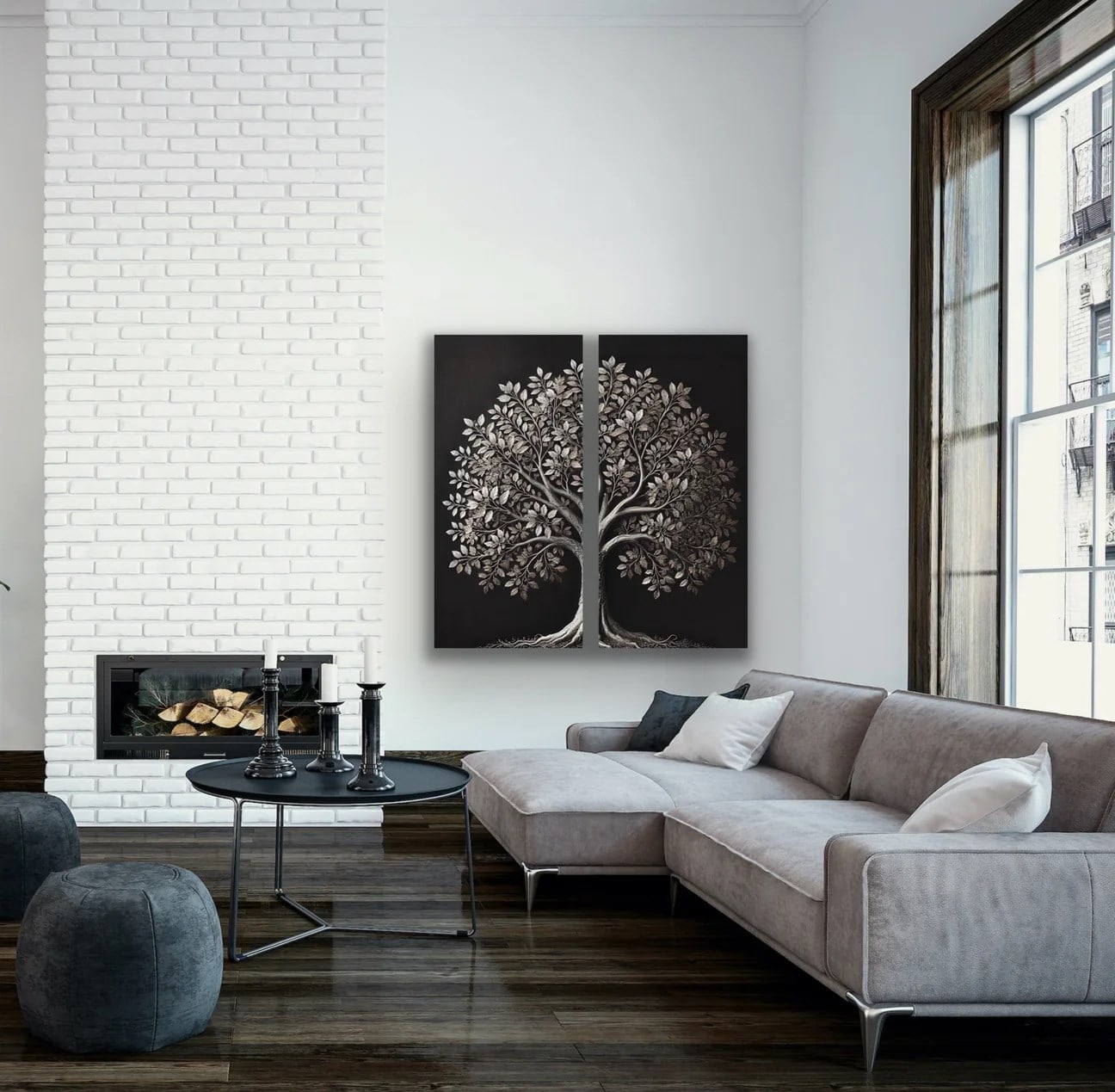2li Eskitme Krom Ağaç Kanvas Tablo 60x120cm x2