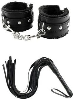 2li Set Siyah Fantazi Deri Kırbaç Peluş Tüylü Metal Zincirli Kemerli Fantazi Deri Kelepçe