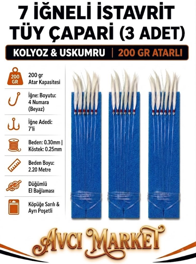 3 Adet -  4 Numara İğne - 7 İğneli - 200gr Atarlı İri İstavrit-Uskumru-Kolyoz Tüy Çaparisi