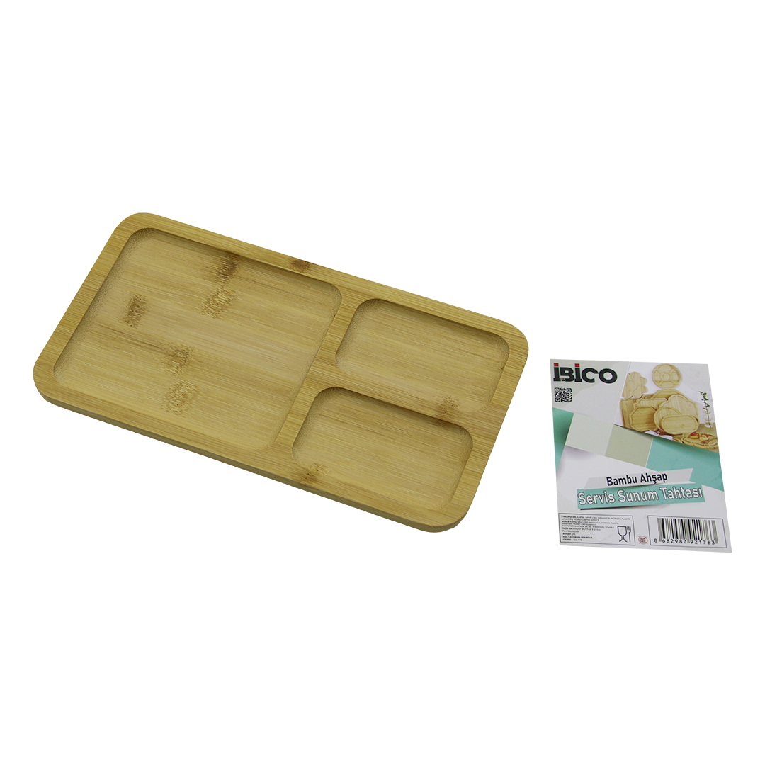 3 Bölmeli Dikdörtgen Bambu Servis Tepsisi 24.8x13.8x1.4 cm