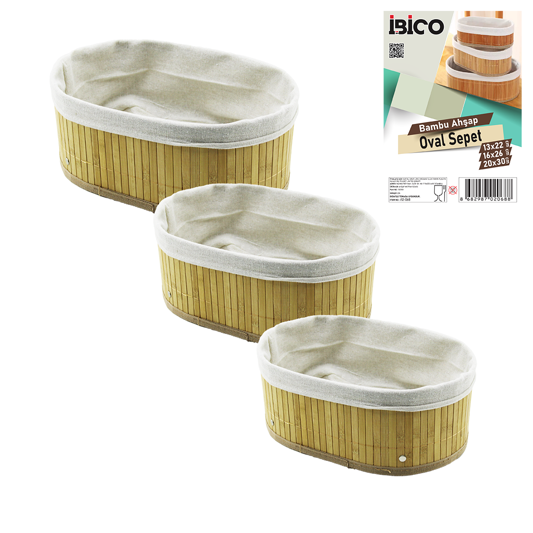 3 Boy Oval Organizer Sepet - Bambu Kenarlı, Ahşap Tabanlı, Bezli