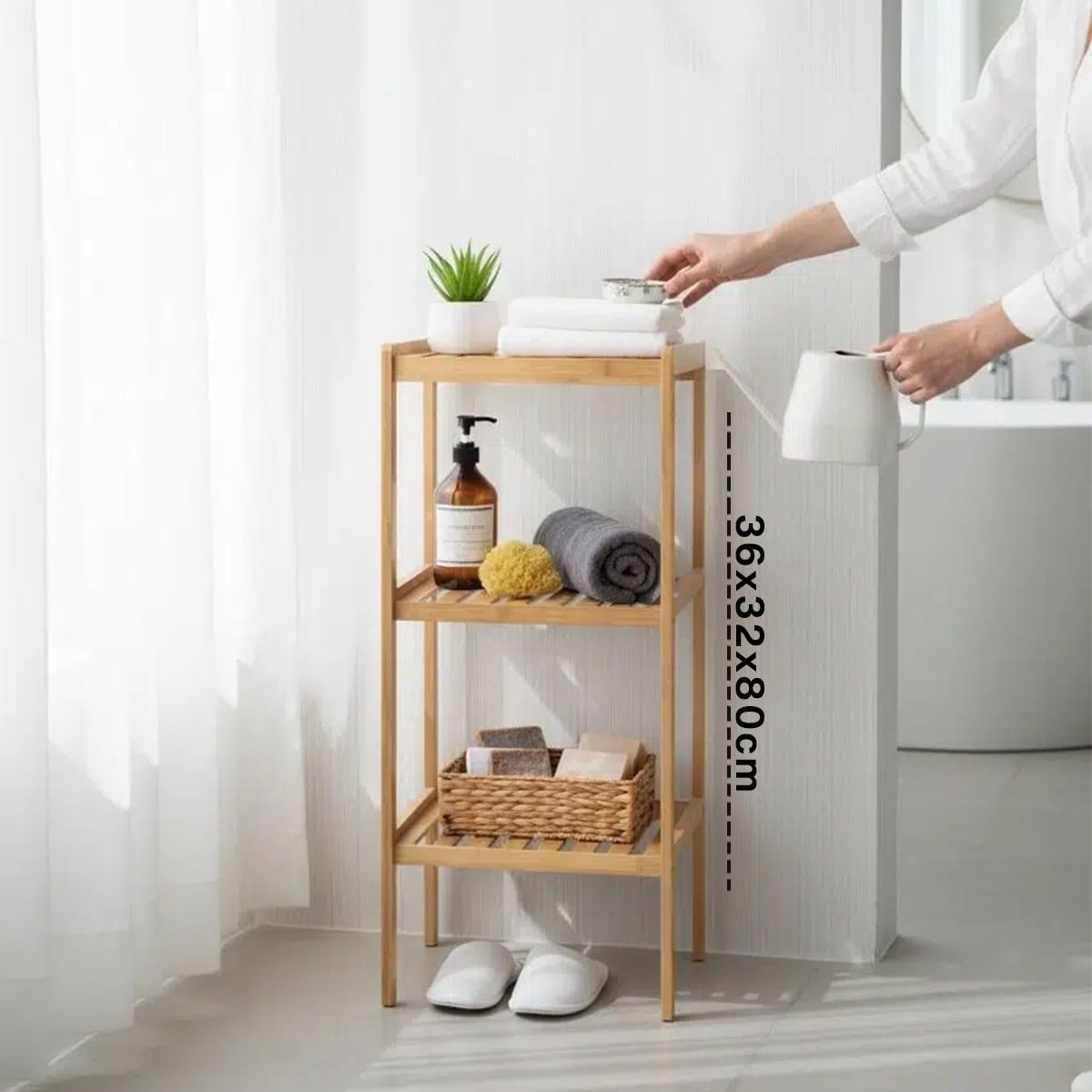 3 Katlı Çok Amaçlı Ahşap Bambu Raf Organizer 36x32x80 cm