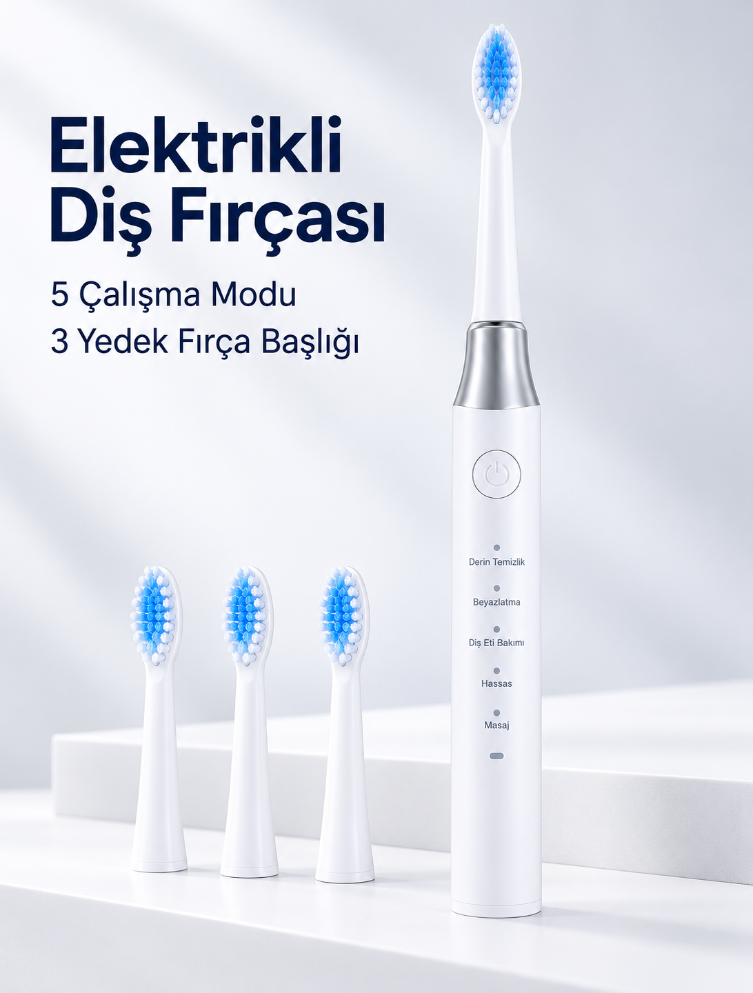 3 Yedek Başlık Hediyeli USB Şarjlı Beyaz Elektrikli Diş Fırçası