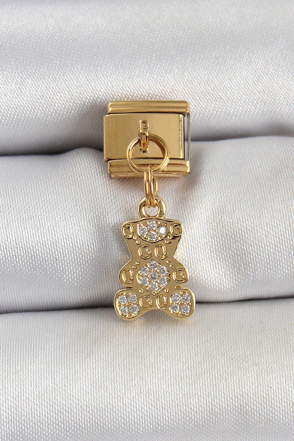 316L Çelik Sallantılı Zirkon Taşlı Ayıcık Model Gold Renk Charm