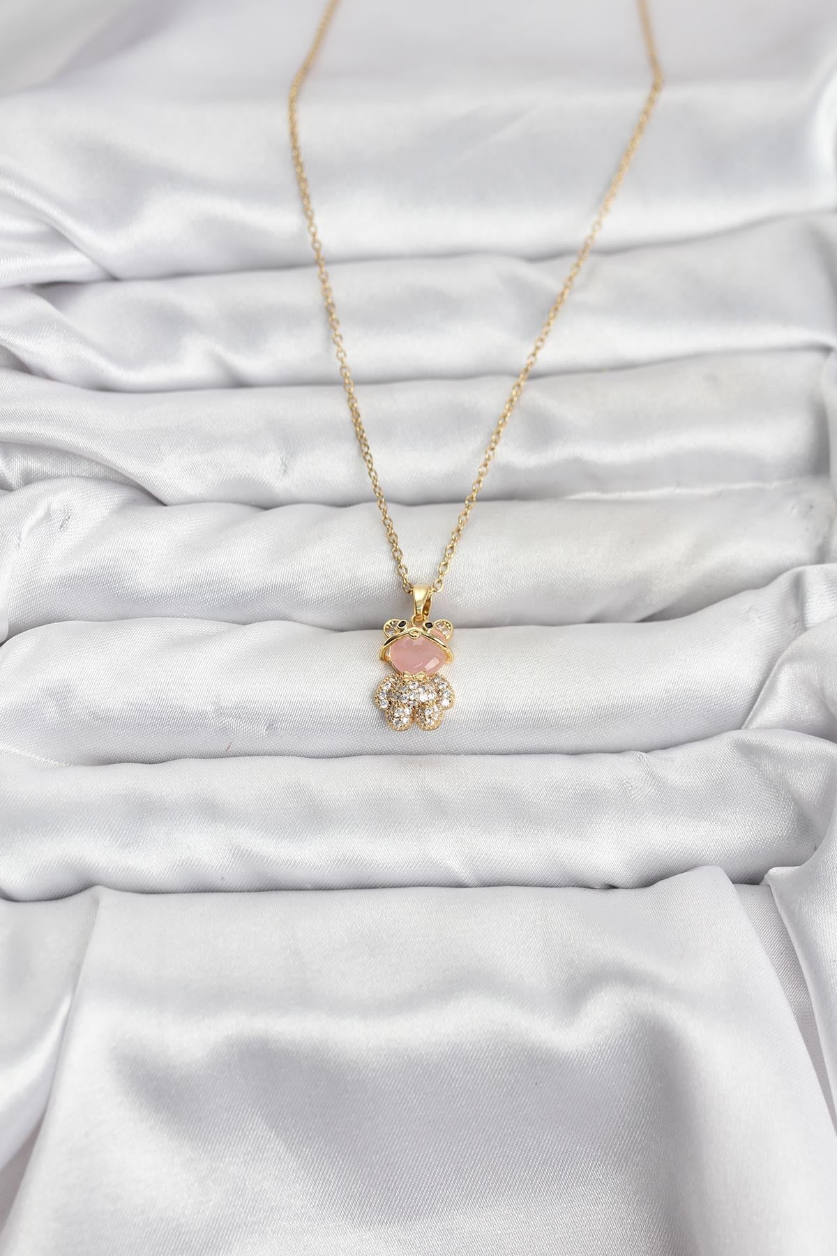 316L Çelik Zincir Gold Renk Teddy Bear Model Zirkon Taşlı Kadın Kolye