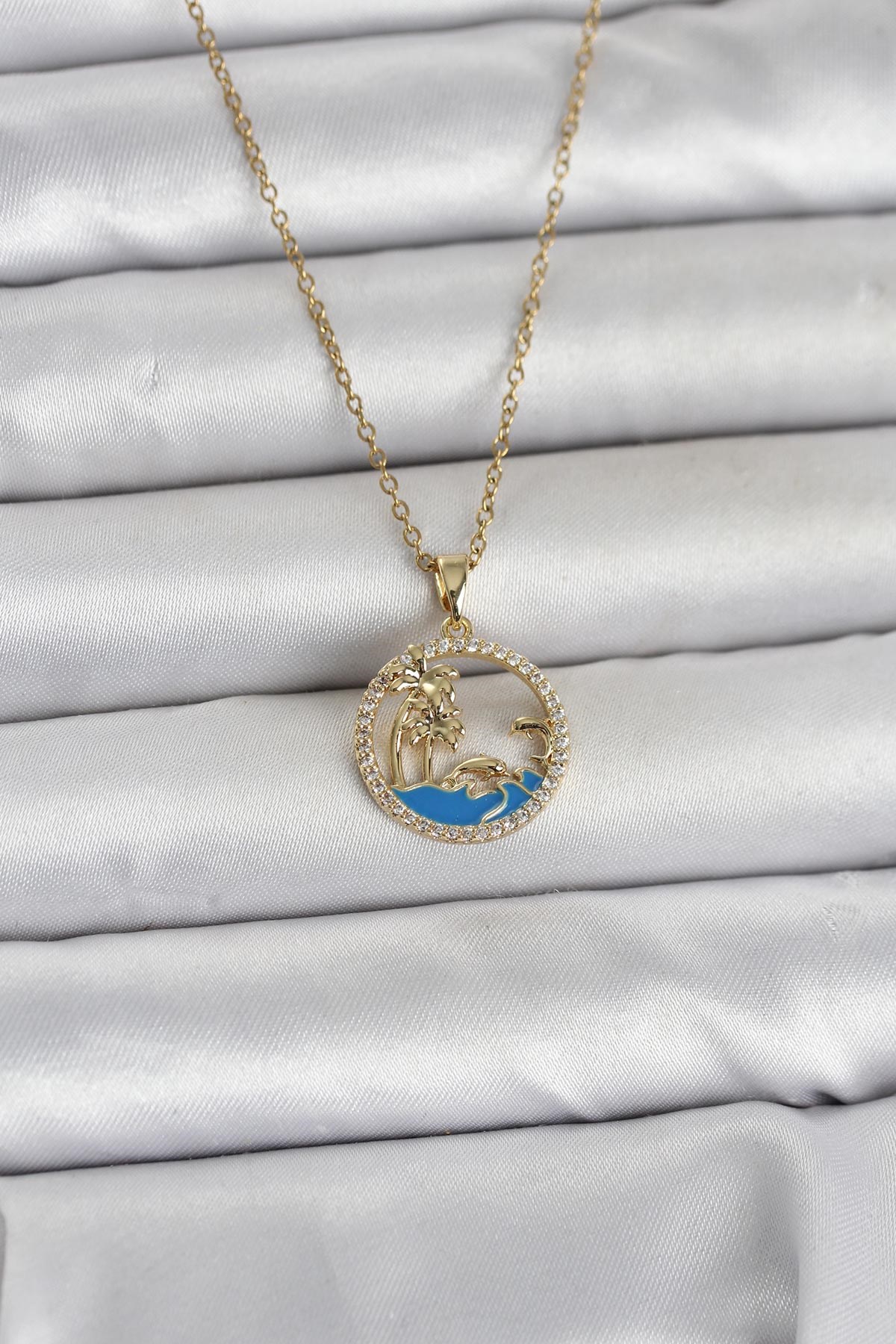 316L Çelik Zincir Gold Renk Zirkon Taşlı Deniz Temalı Kadın Kolye
