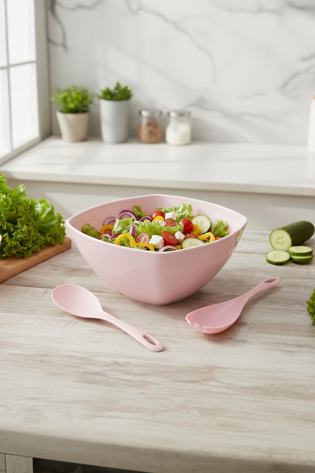 3,5 Lt Soft Pembe Akrilik Kare Salata ve Servis Kasesi Seti – 3 Parça