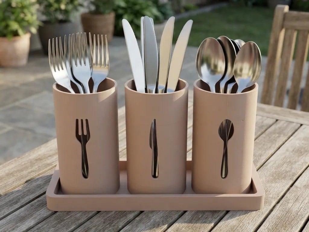 3D Baskı 3 Bölmeli Çatal Kaşık Bıçak Standı Tepsili Süzdürmeli Mutfak Masası Sofra Düzenleyici Bej