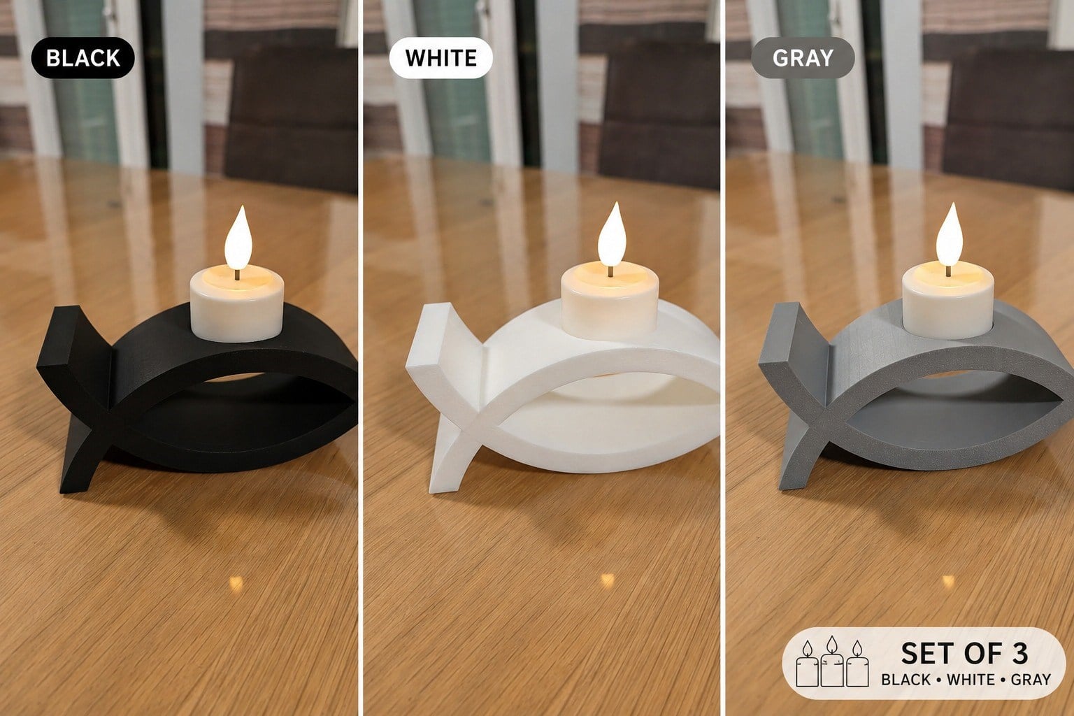 3D Baskı 3lü Balık Figürlü Dekoratif Mumluk Seti - Tealight Mumluk, Modern Ev ve Ofis Dekoru
