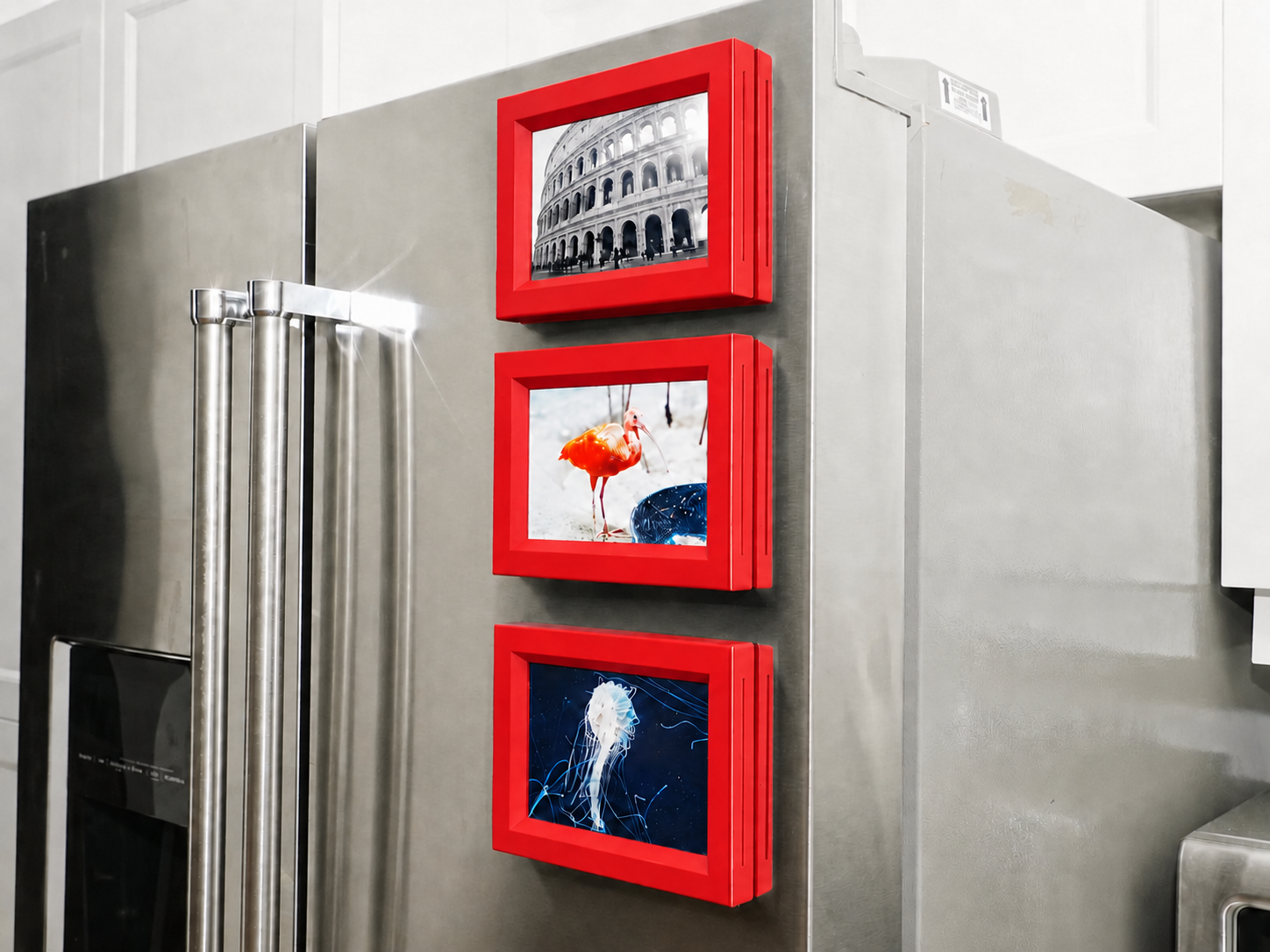3D Baskı 3lü Magnet Fotoğraf Çerçevesi Seti - Buzdolabı İçin Mini Manyetik Resim Çerçevesi, Dekoratif Magnet-Kırmızı
