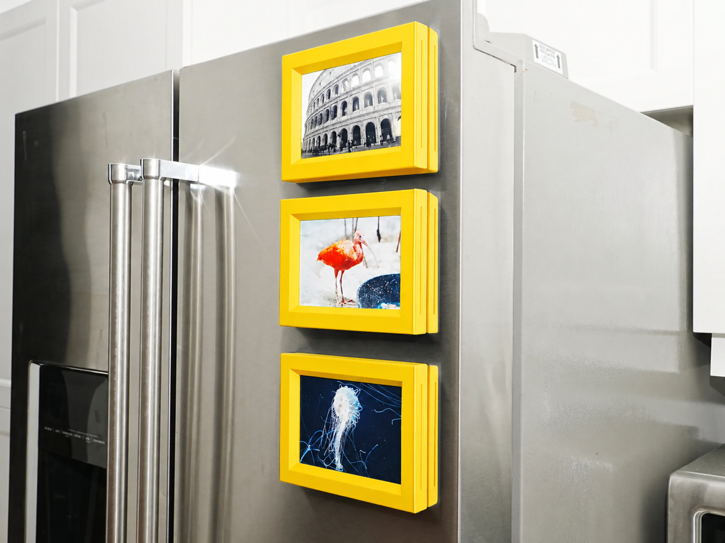 3D Baskı 3lü Magnet Fotoğraf Çerçevesi Seti - Buzdolabı İçin Mini Manyetik Resim Çerçevesi, Dekoratif Magnet-Sarı