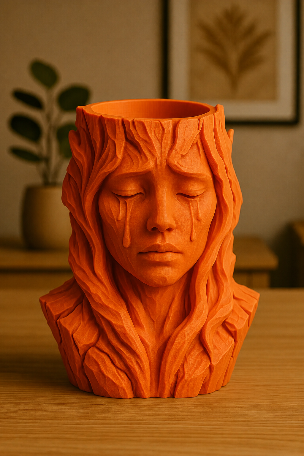 3D Baskı Ağlayan Kadın Büst Saksı - Sanatsal Dekoratif Saksı - Turuncu
