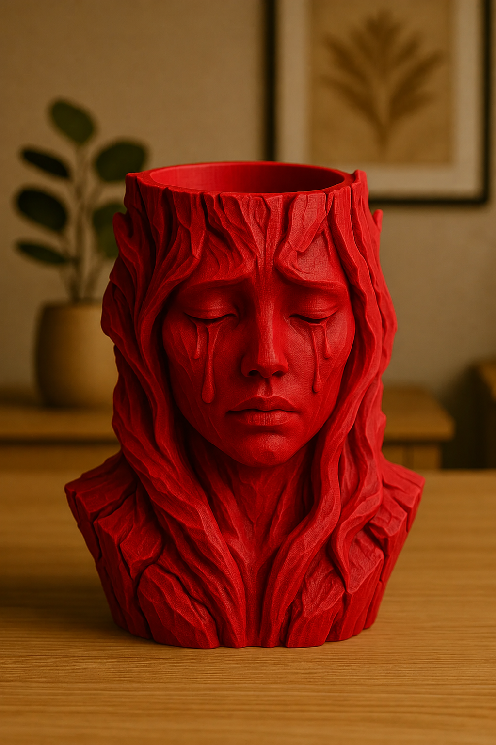3D Baskı Ağlayan Kadın Büst Saksı - Sanatsal Dekoratif Saksı - Kırmızı