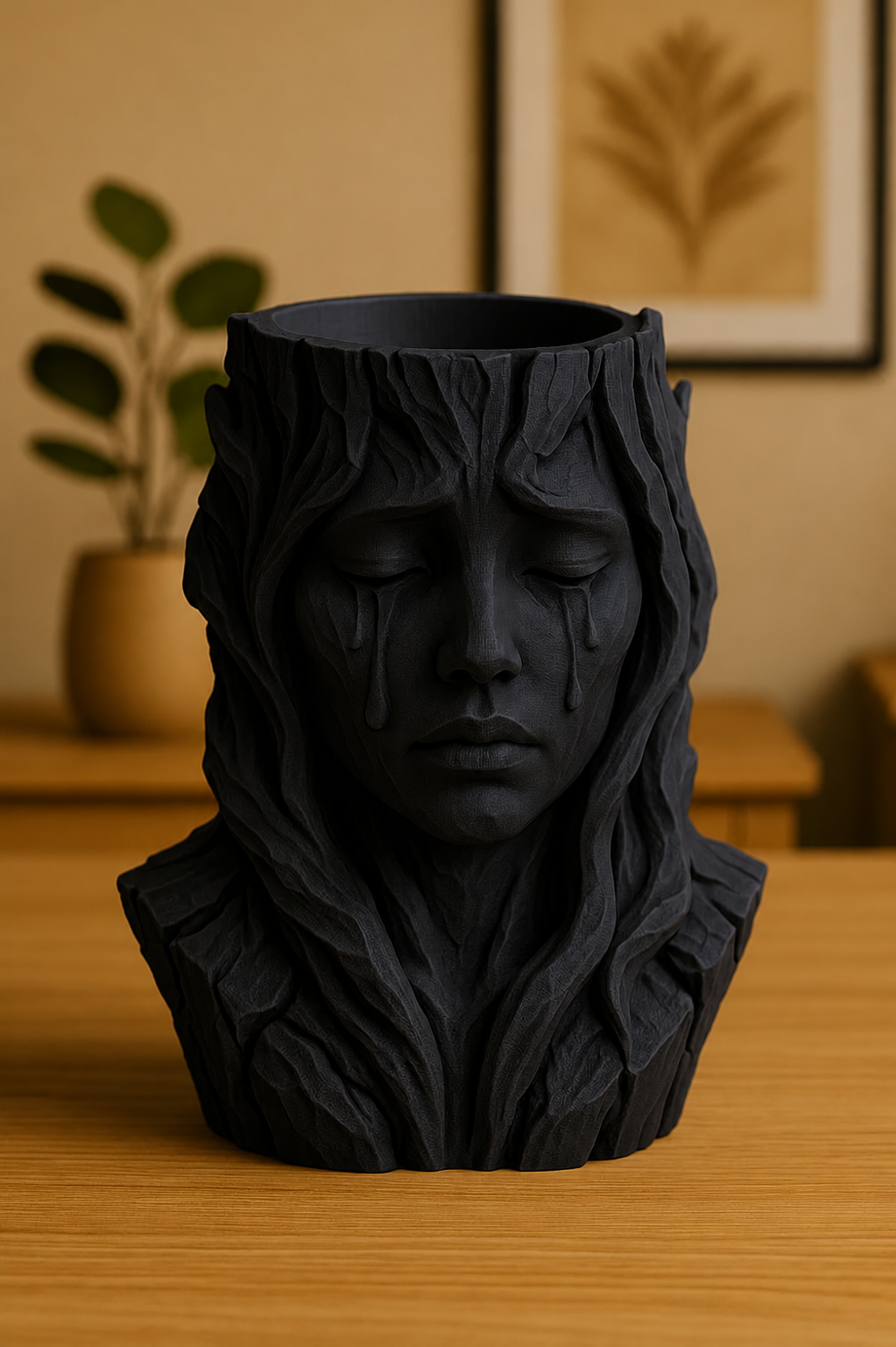 3D Baskı Ağlayan Kadın Büst Saksı - Sanatsal Dekoratif Saksı - Siyah
