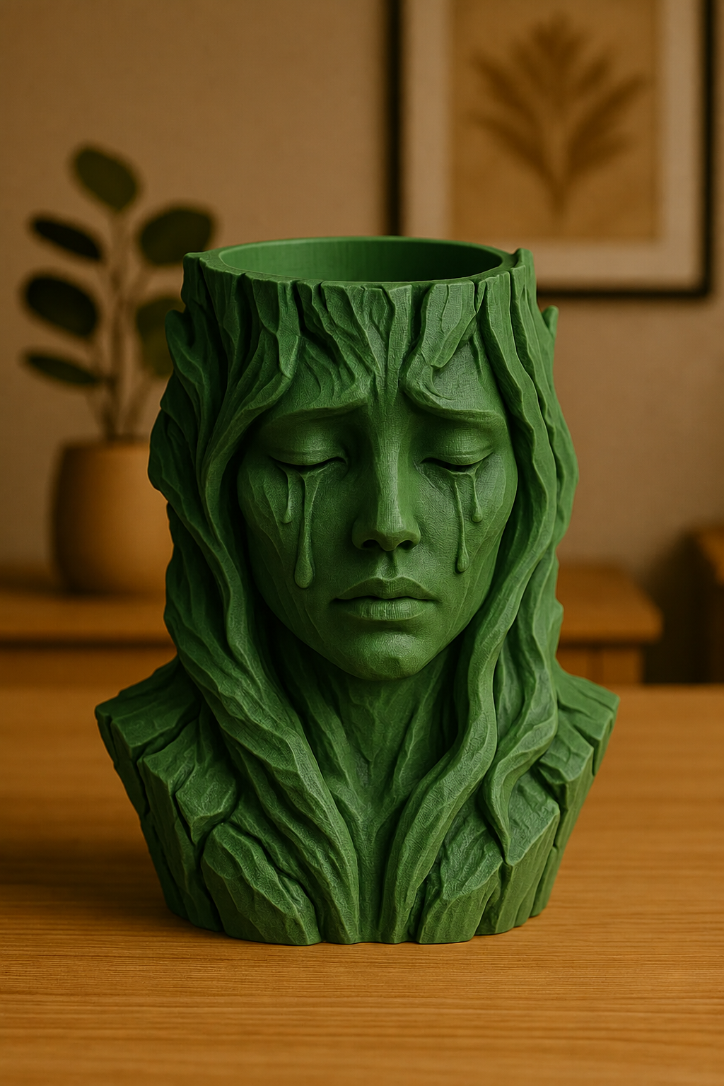 3D Baskı Ağlayan Kadın Büst Saksı - Sanatsal Dekoratif Saksı - Yeşil
