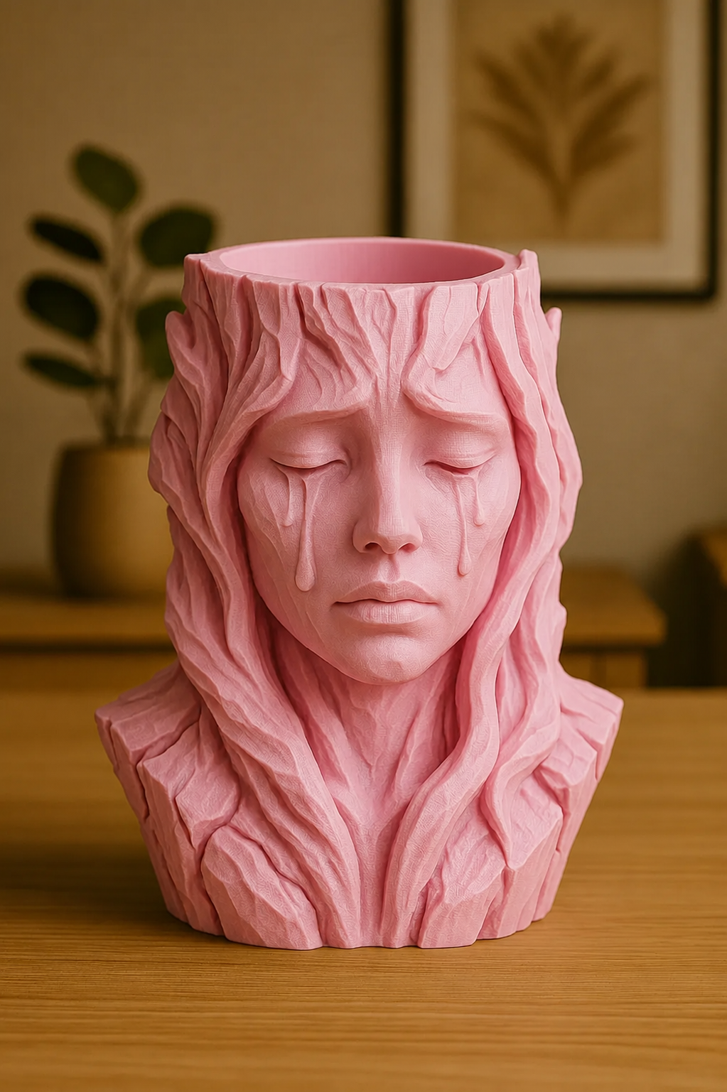 3D Baskı Ağlayan Kadın Büst Saksı - Sanatsal Dekoratif Saksı - Pembe