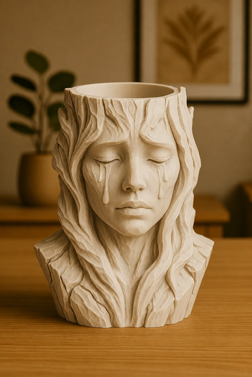 3D Baskı Ağlayan Kadın Büst Saksı - Sanatsal Dekoratif Saksı - Bej