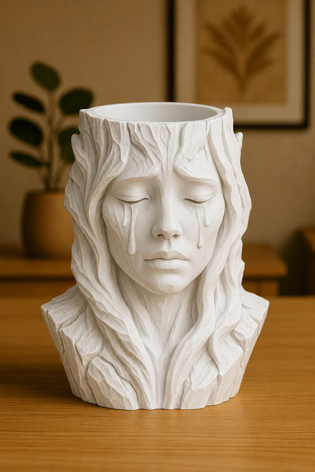 3D Baskı Ağlayan Kadın Büst Saksı - Sanatsal Dekoratif Saksı - Beyaz