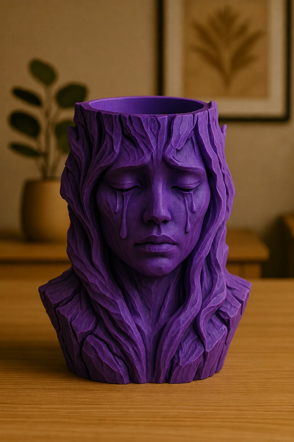 3D Baskı Ağlayan Kadın Büst Saksı - Sanatsal Dekoratif Saksı - Mor