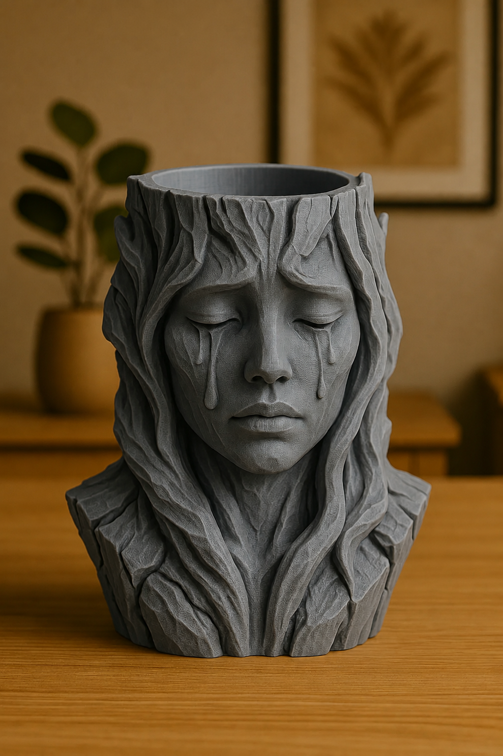 3D Baskı Ağlayan Kadın Büst Saksı - Sanatsal Dekoratif Saksı - Gri