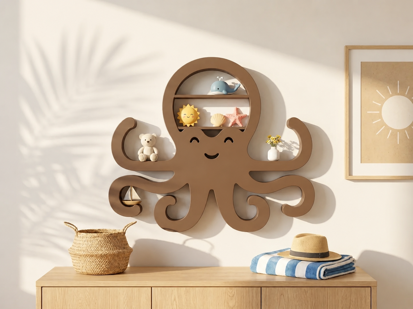 3D Baskı Ahtapot Duvar Rafı - Dekoratif Mini Raf-Kahverengi