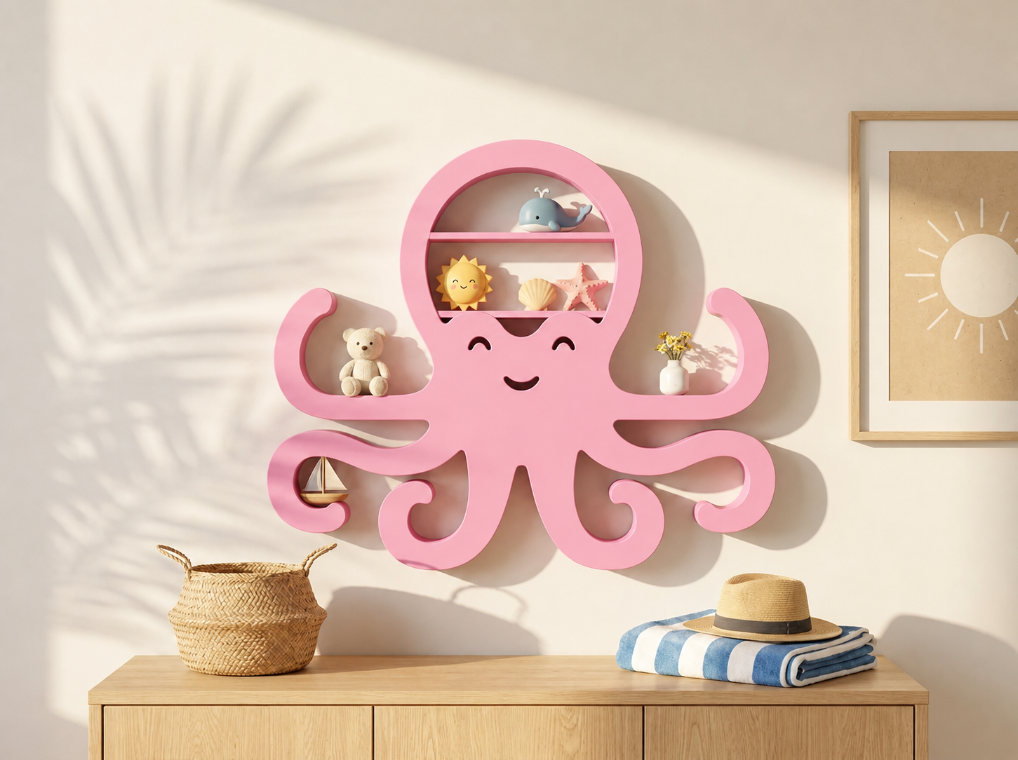 3D Baskı Ahtapot Duvar Rafı - Dekoratif Mini Raf-Pembe