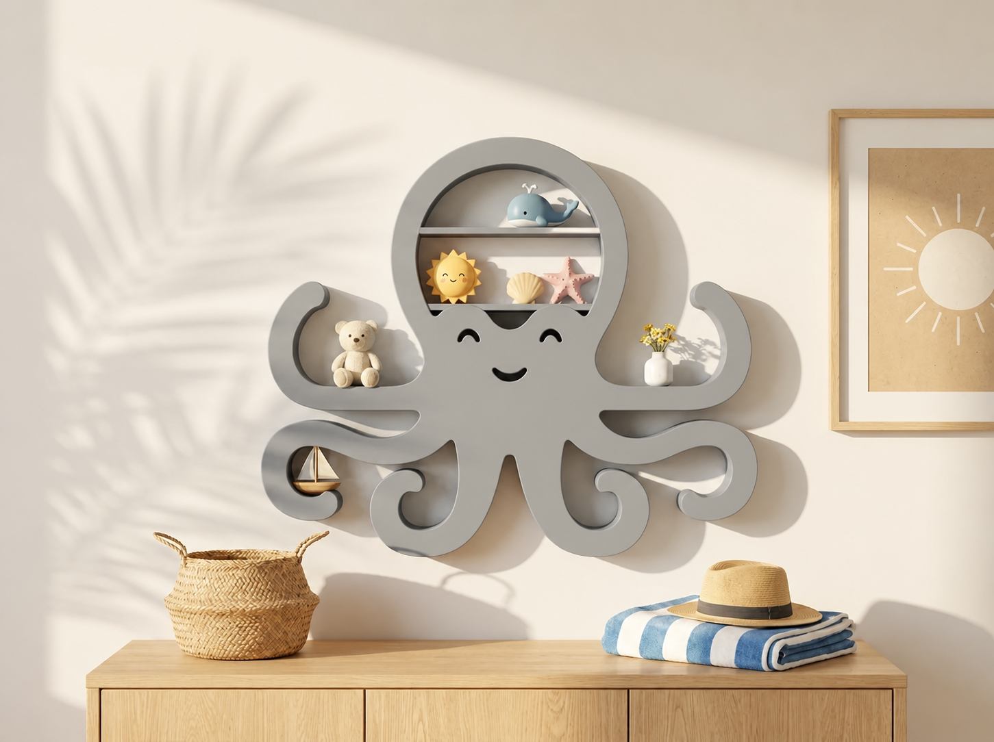 3D Baskı Ahtapot Duvar Rafı - Dekoratif Mini Raf-Gri