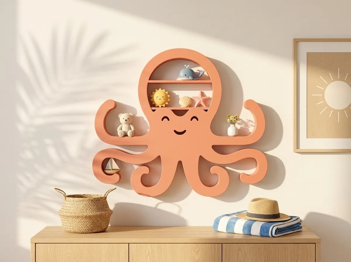 3D Baskı Ahtapot Duvar Rafı - Dekoratif Mini Raf-Turuncu