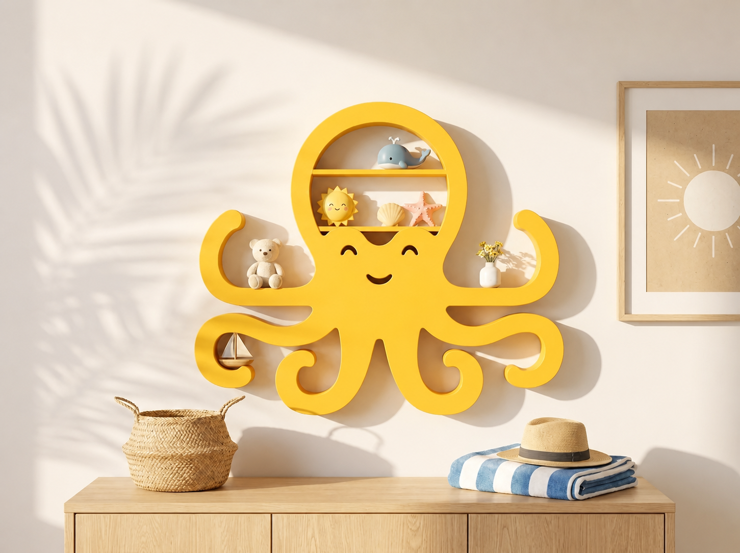 3D Baskı Ahtapot Duvar Rafı - Dekoratif Mini Raf-Sarı