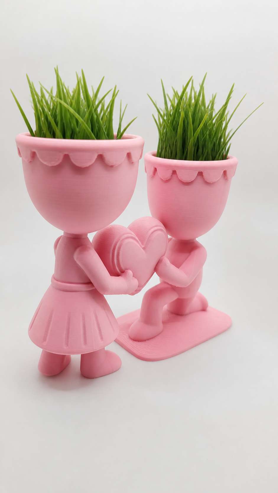 3D Baskı Aşk Saksısı - Kalp Tutan Çift Figürlü Dekoratif Saksı - Pembe
