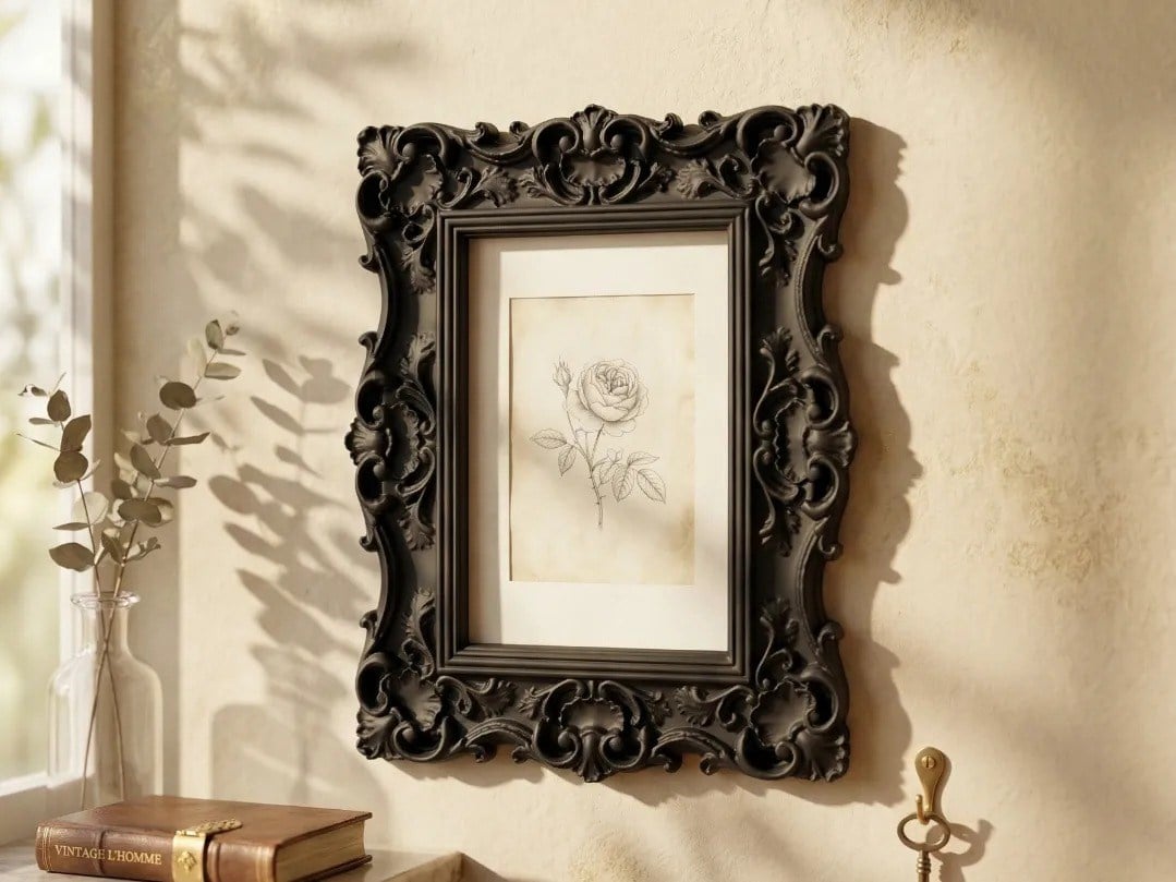 3D Baskı Barok Desenli Duvar Çerçevesi Süslü Kabartmalı Vintage Tablo Çerçevesi Mat Siyah