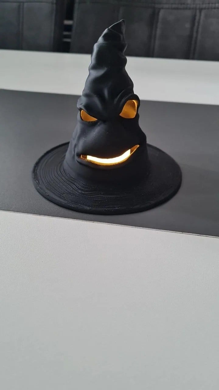 3D Baskı Cadı Şapkası Tealight Mumluk Işıklı Yüz Detaylı Cadılar Bayramı Feneri Masa Süsü Siyah