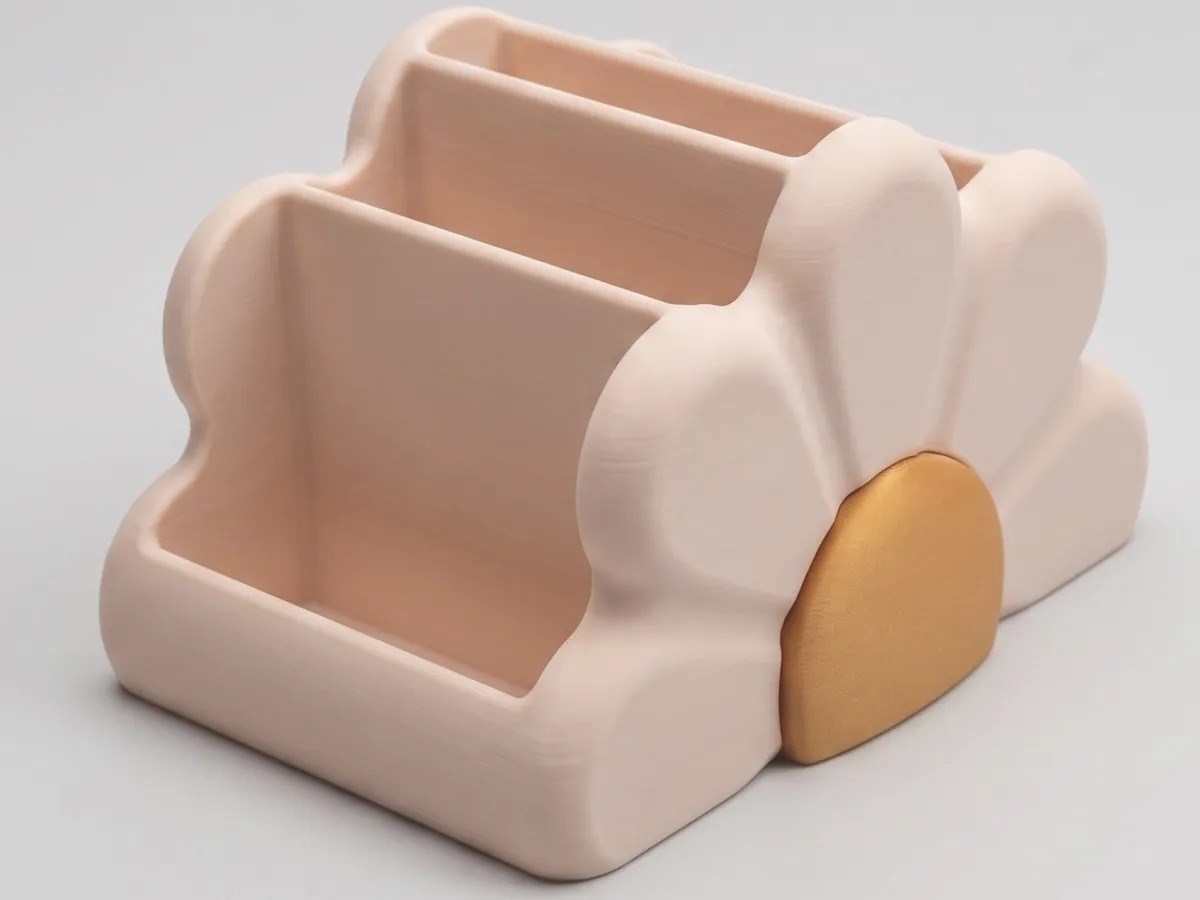 3D Baskı Çiçek Formlu Masaüstü Organizer Makyaj Fırçalığı ve Kalemlik Papatya Desenli Bölmeli - Pembe
