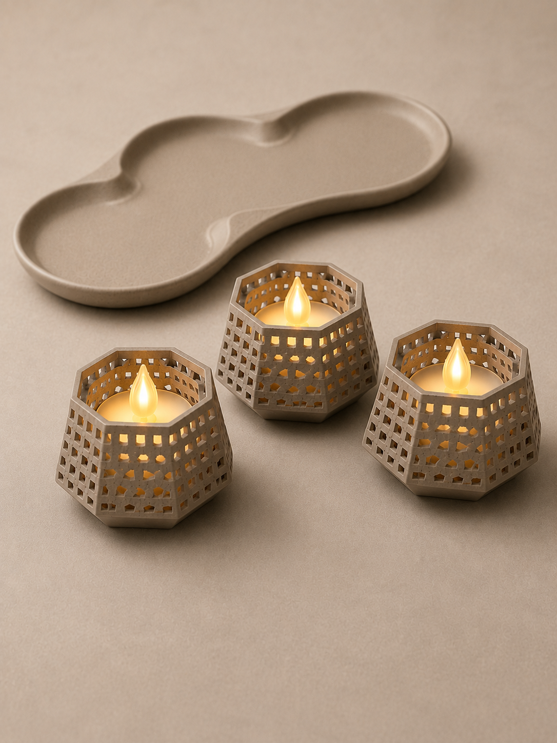 3D Baskı Dekoratif Mumluk Seti - Desenli Tealight ve Masaüstü Aydınlatma Objesi-Bej