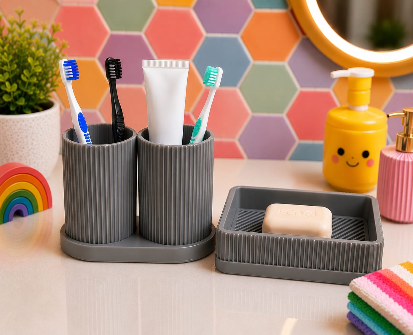 3D Baskı Diş Fırçalık ve Sabunluk Seti - Lavabo Üstü Banyo Organizeri-Gri
