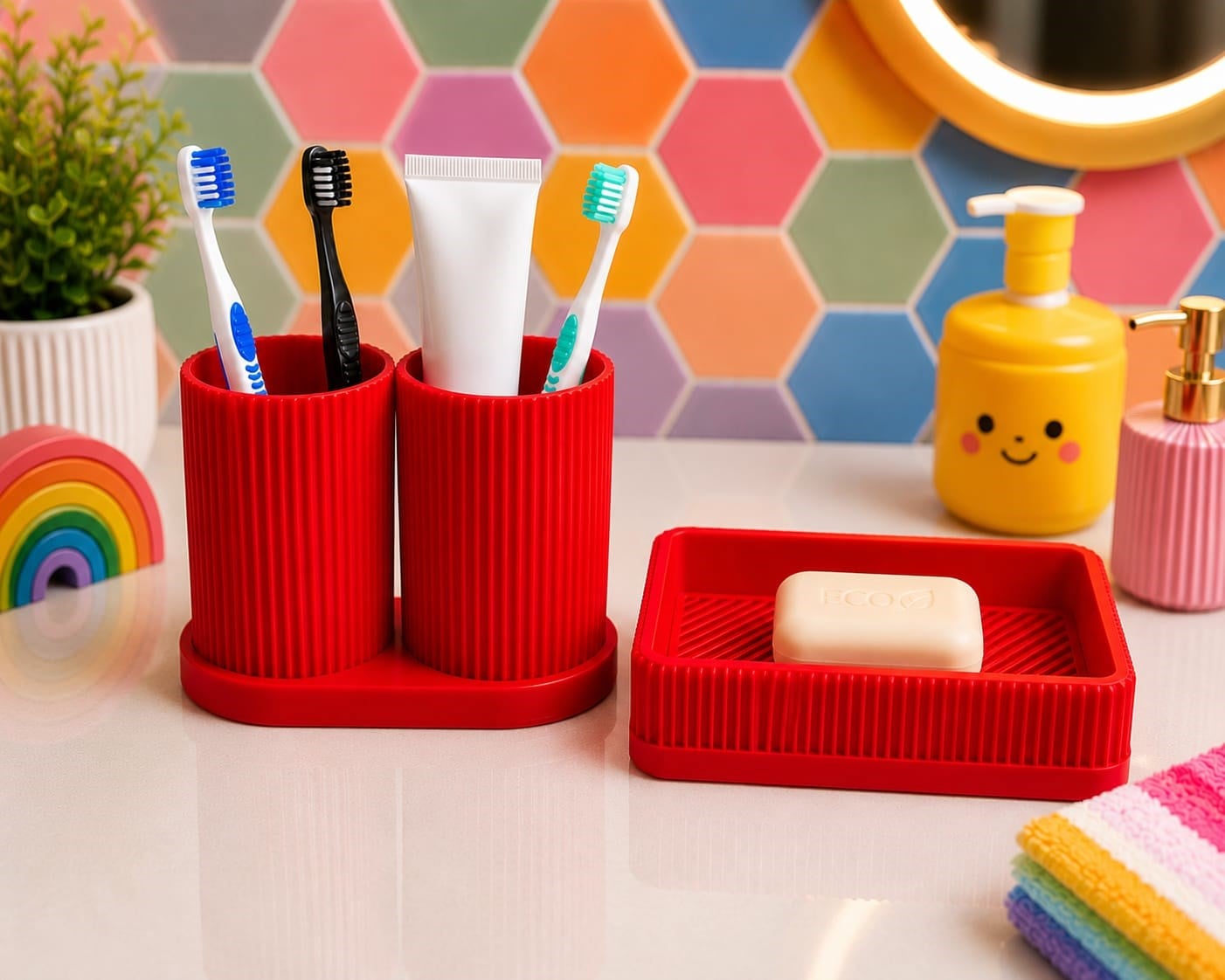 3D Baskı Diş Fırçalık ve Sabunluk Seti - Lavabo Üstü Banyo Organizeri-Kırmızı