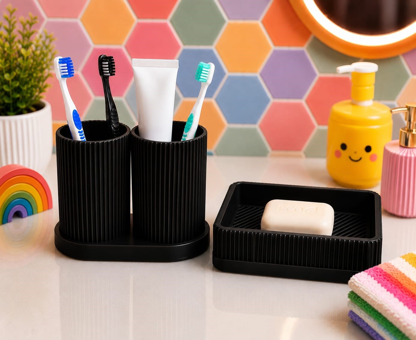 3D Baskı Diş Fırçalık ve Sabunluk Seti - Lavabo Üstü Banyo Organizeri-Siyah